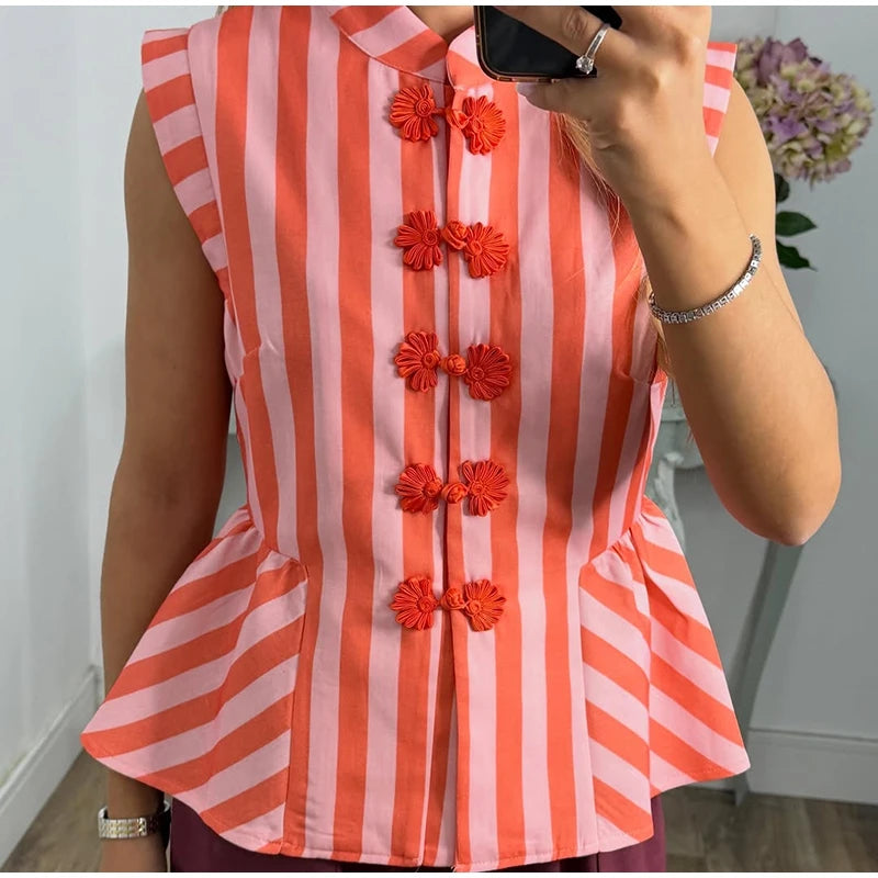 Striped Mandarin Collar Frog Button Ruffle Trim Top Striped Single‑breasted 2026 Summer Women Blouse Versatile Casual Lady Top