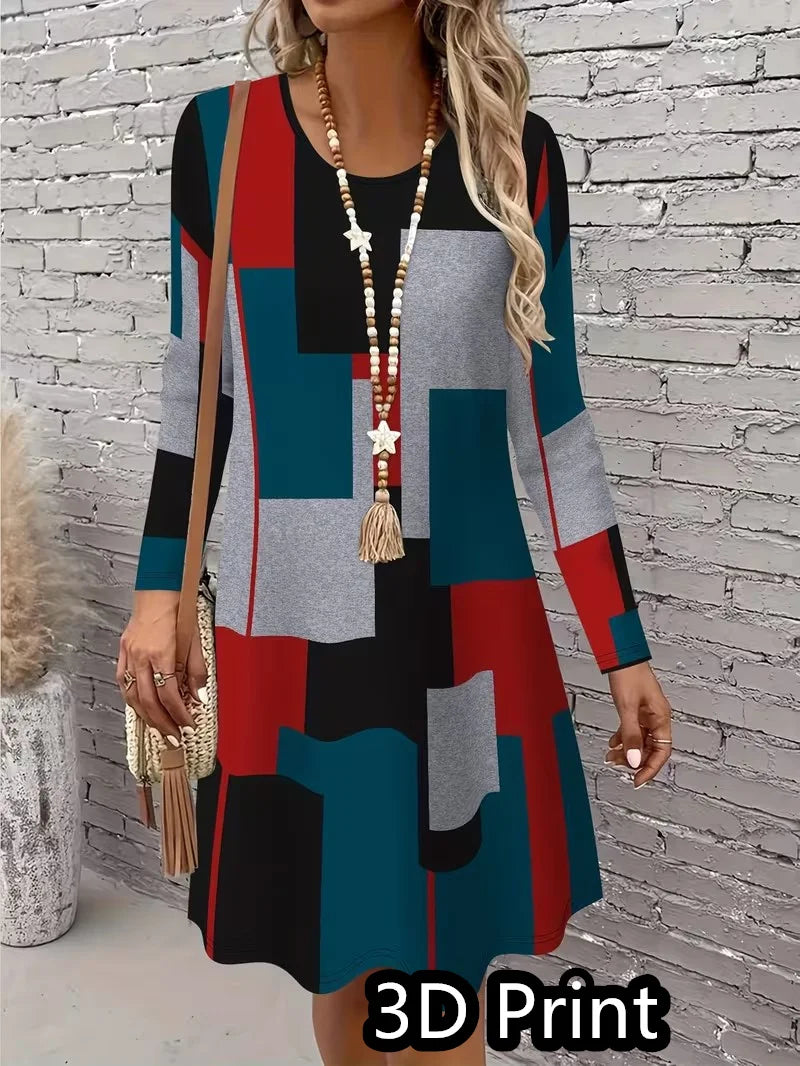 3D retro printed dress, women's autumn long sleeved round neck casual mini A-line dress Vestidos De Mujer