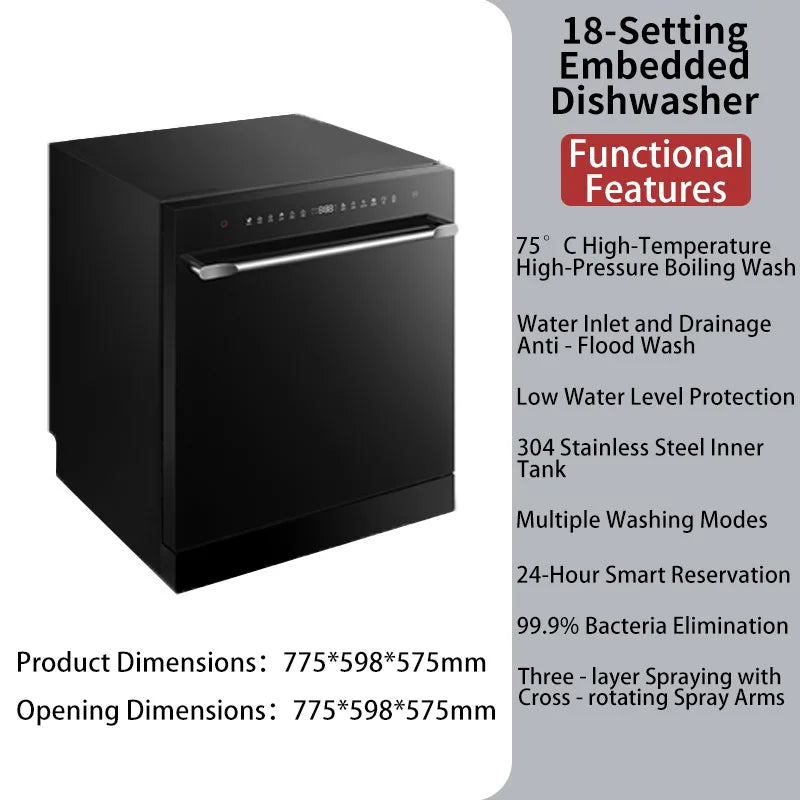 Countertop Built-in Dishwasher 18 Place Setting 1800W Fully Automatic Touch Control Disinfecting Machine for Large Household
