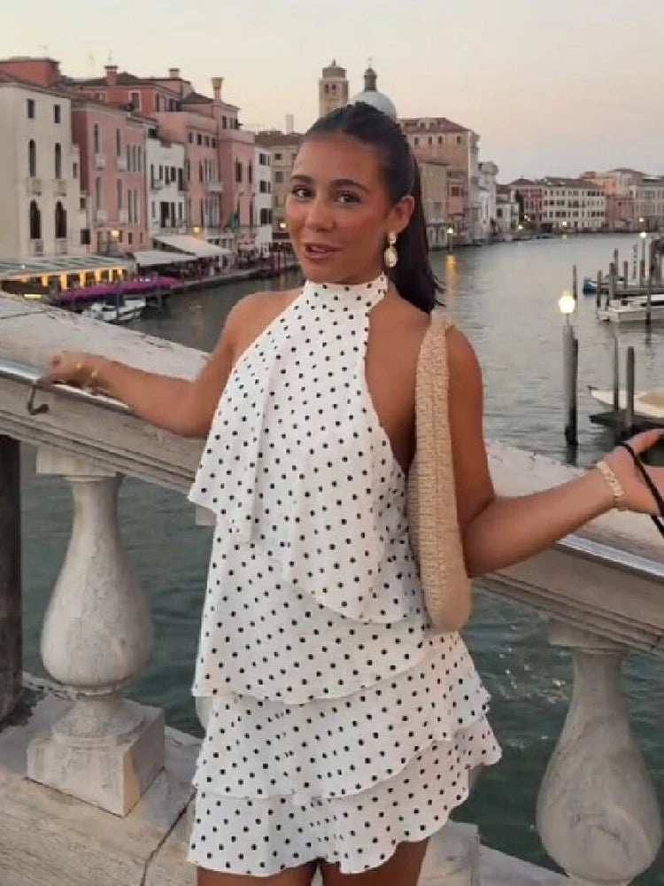 Sweet Chic Polka Dot Mini Dress Vintage Halter Neck Ruffle Tiered Layered Women Dresses Summer Vacation Party Stylish Streetwear