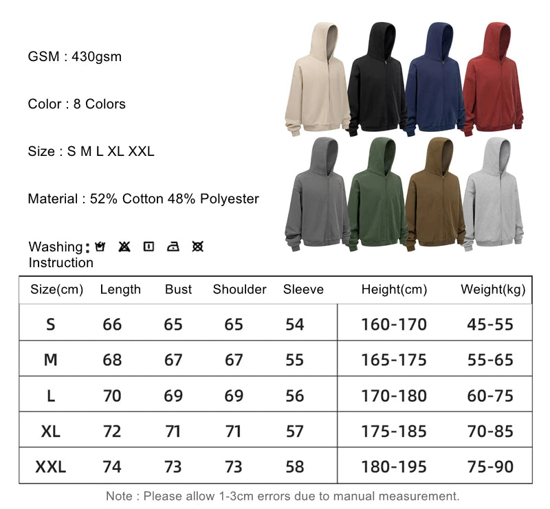 ZODF Trendy Winter Man Warm 430gsm Fleece Zipper Hoodies Unisex Solid Loose Zip-Up Hooded Coats Brand Outfit HY1130