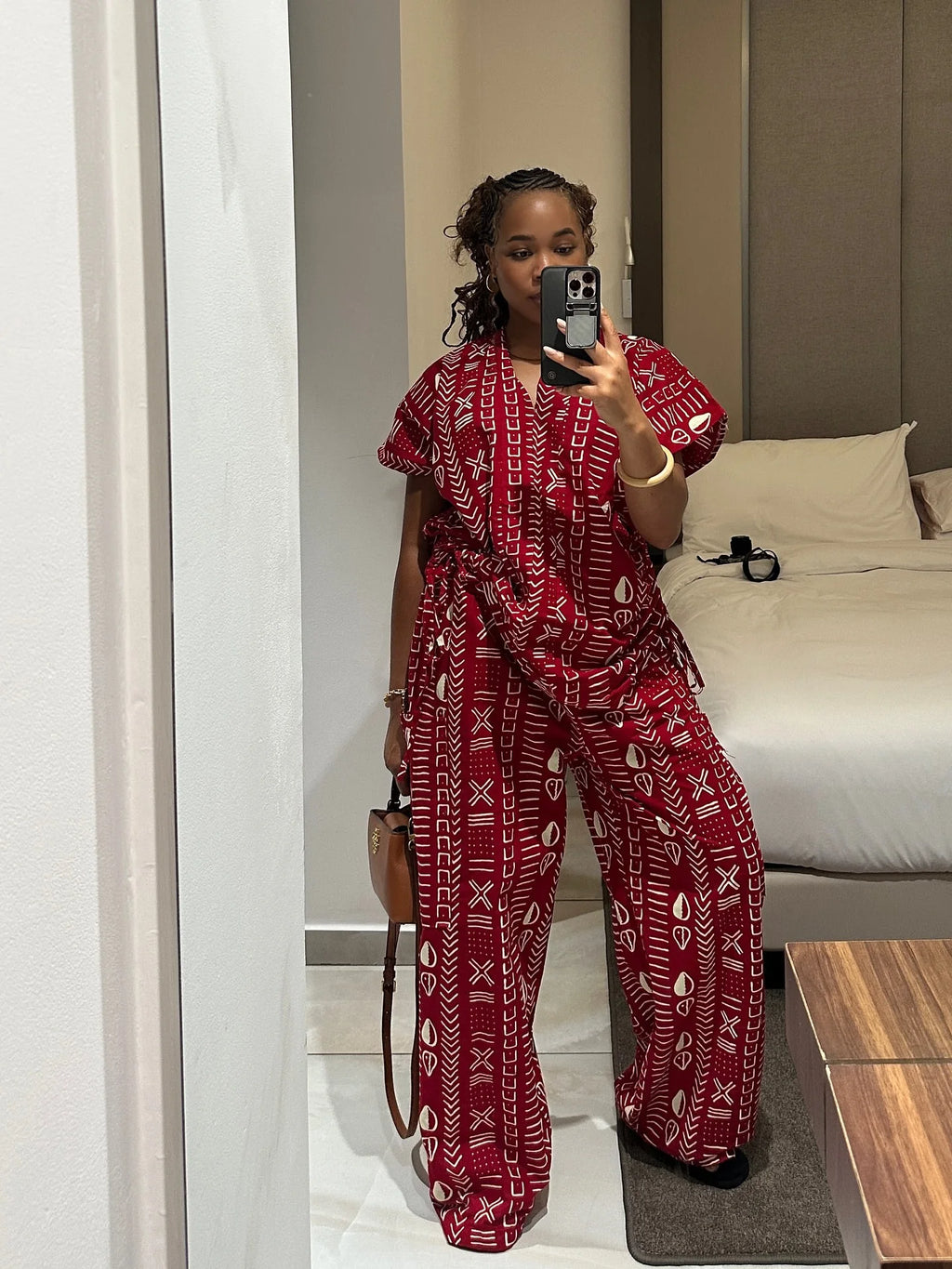 New Fashion Printed Two-piece Set Women's Loose Casual Short-sleeved Drawstring Waist Slimming V-neck Shirt Wide-leg Pants Sets
