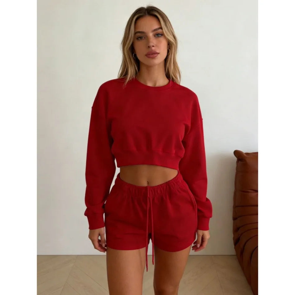 Women's Round-Neck Long-Sleeved Loose Couple Hoodie Set, Solid Color and Simple