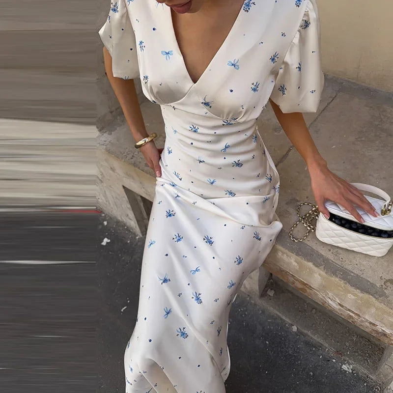 Elegant Print Women Long Dress Fashion V-neck Pleated Flutter Short Sleeve Empire Female Dresses 2026 Summer Chic Female Robe