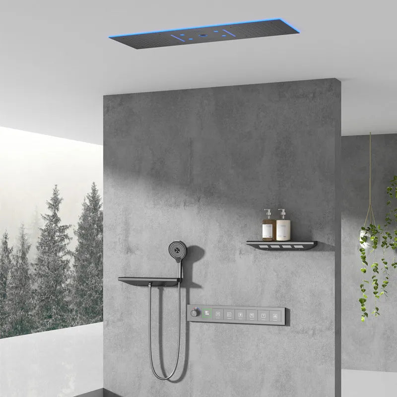 Multi-Function Concealed Shower System Single Ceramic Thermostatic Mixer Kit Massage Jets In-Wall Rainfall 6 Way Brass Brushed