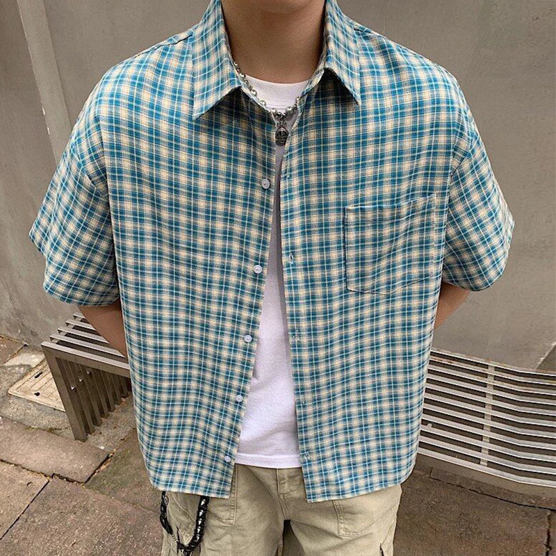 2025 Summer Stylish Short Sleeve Shirt Men's Streetwear Vintage Button-up Turn-down Collar Shirts Trendy Men Plaid Printed Shirt