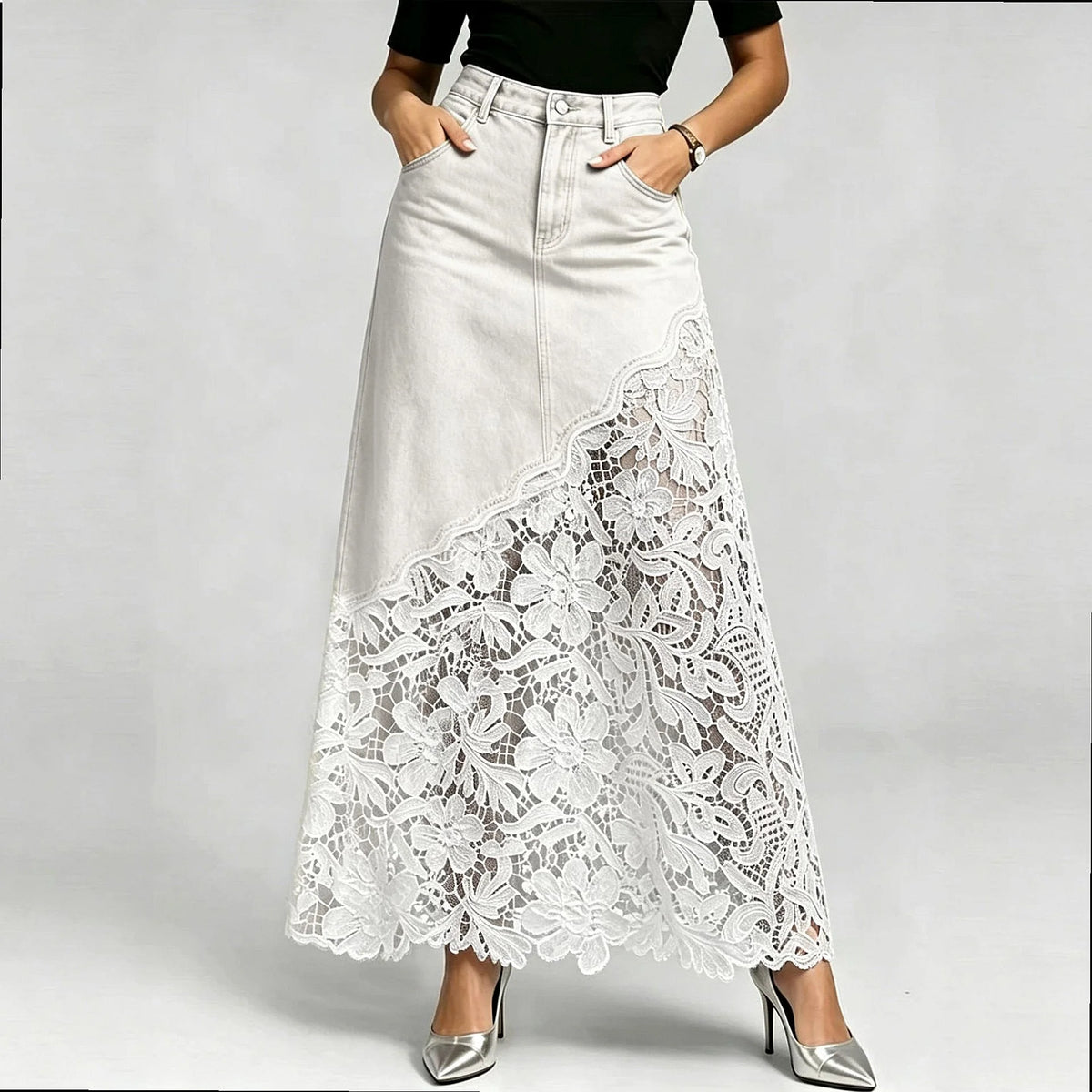 Washed Denim Lace Trim Pencil Skirt Long Bodycon Skirts Spring Summer