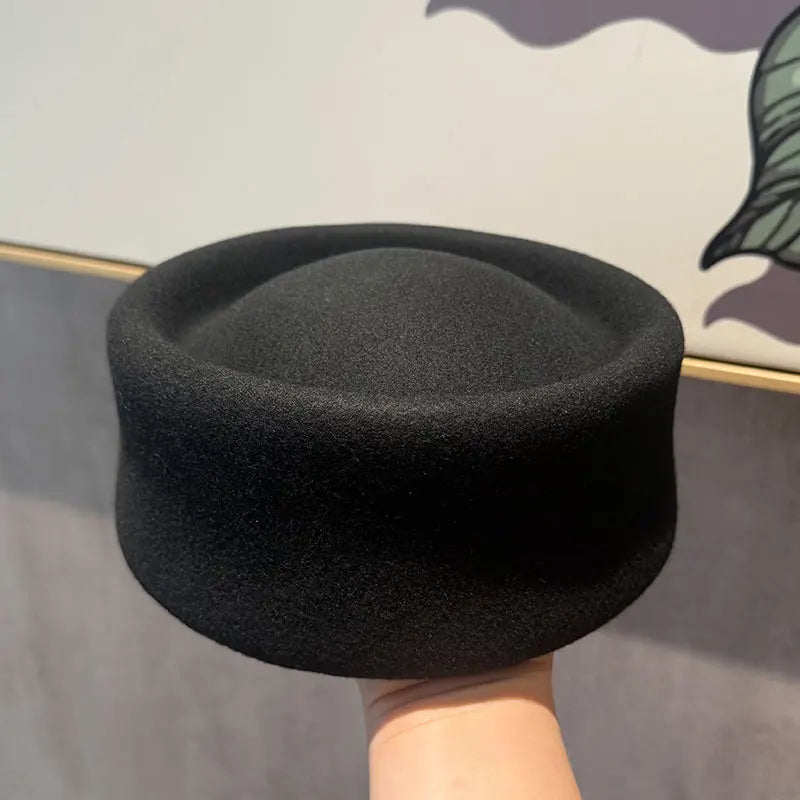 Women Berets Hat Fashion Fall Winter Vintage Concave Top Pillbox Cap 100% Wool Fedoras Hats Wedding Designer Western Church Hat