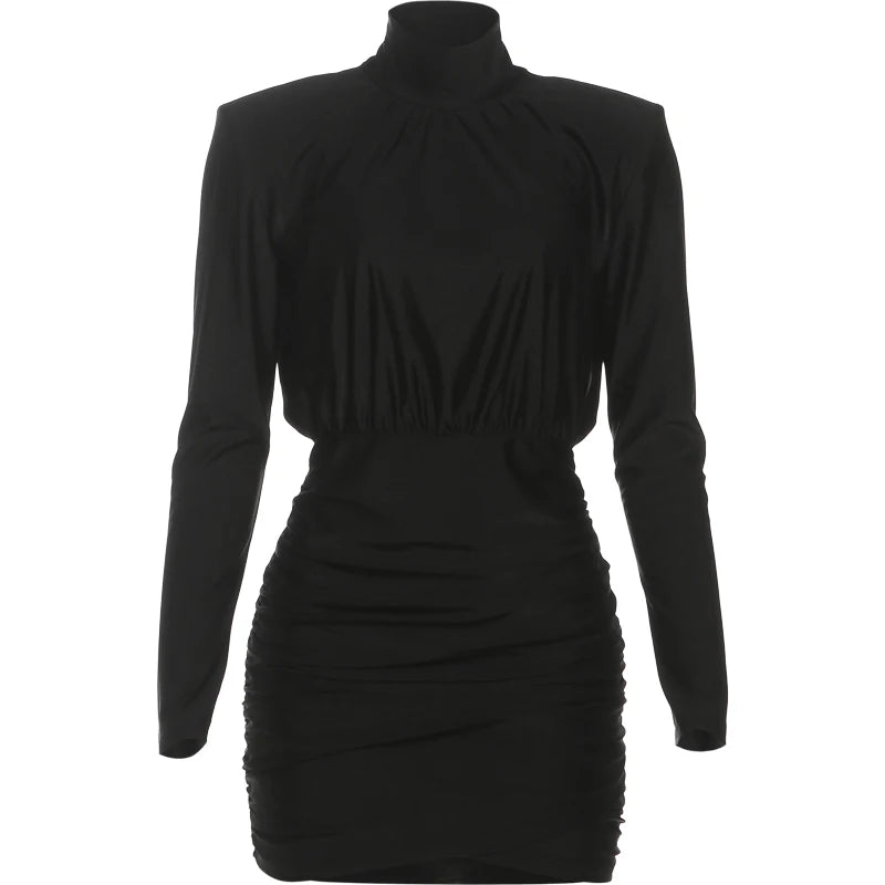 Sisterlinda Elegant Shoulder Padded Dress Women Turtleneck Ruched Sexy Classic Office Commute Simple Peach Hip Slim Mini Bodycon