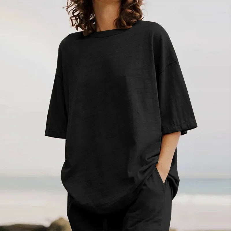 Fashion Women's 2-piece Set 2024 Summer Casual Pocket Set Half Sleeve O-Neck Top and Wide Leg Large Outline Pants Set