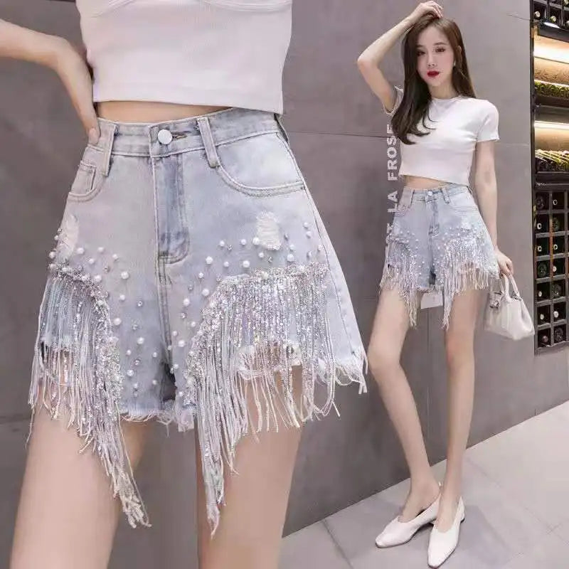 Trendy Women's Denim Shorts High Waist Sequin Embellished Fringe Hot Pants Spring Summer 2026