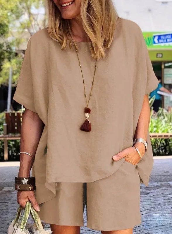 Ladies Shorts Suit Fashionable Summer Women's Elegant Solid Color Pullover Loose Cotton Linen Short Sleeved Shorts Two-piece Set