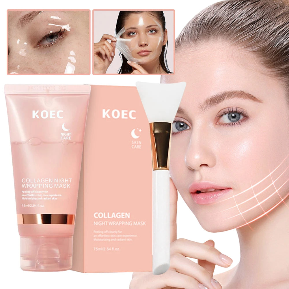 75ml Collagen Sleeping Mask,Collagen Overnight Wrapping Peel Off Facial Mask Deep Nourishing Refines Pores Mask With Brush