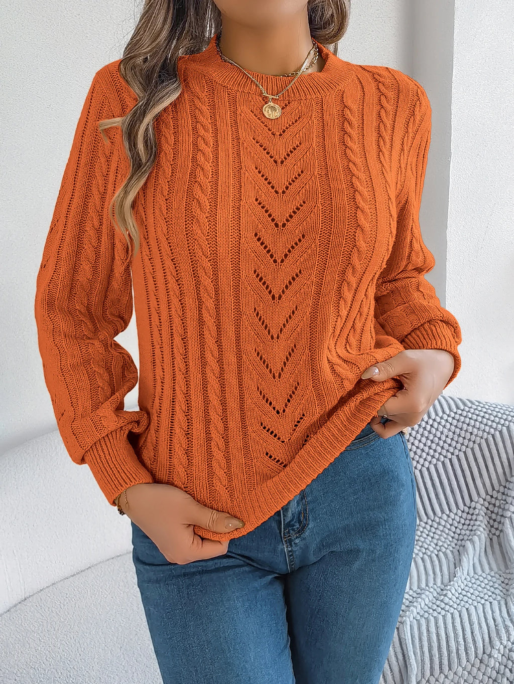 Women Solid Openwork Knit Pullover Round Neck Long Sleeve Cozy Fall Winter Resort Ready Sweater Top