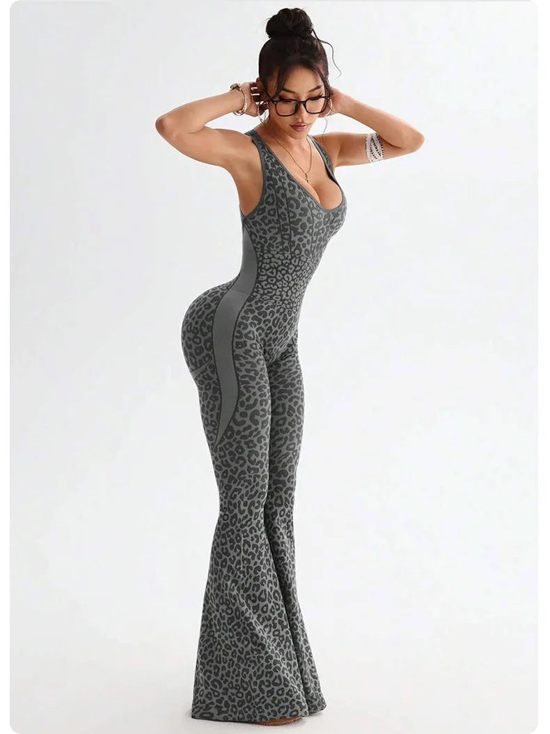 Seamless Leopard Yoga Jumpsuit with Pads Sport Clothes Bodysuit Sleeeless One-Piece Workout Clothes Gym Leggings Sportswear