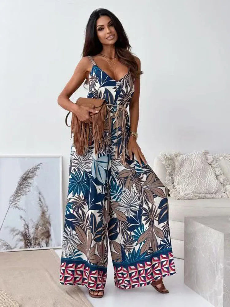 Summer European American Printed Camisole Jumpsuit Women's New Loose Casual Beach Vacation Plus Size Jumpsuit S450