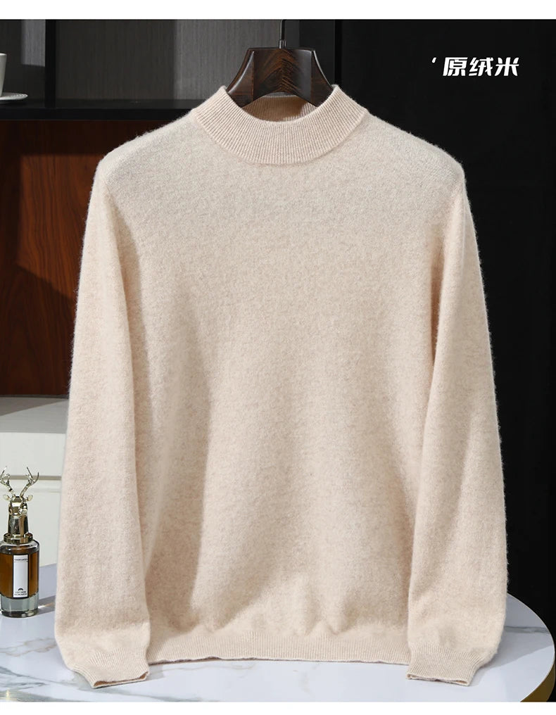 Autumn/Winter Men's 100% Pure Cashmere Pullover Business Casual Solid Knitted Sweater Loose Half High Neck Tops Thick Jumper