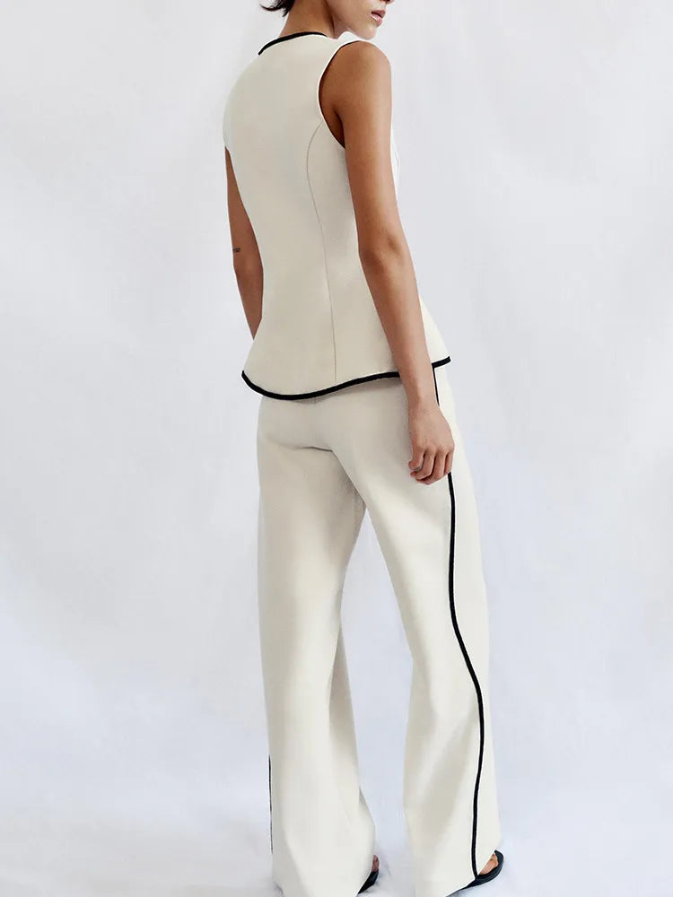 ZADATA Women's Summer Fashion Set round Neck Sleeveless Wide Leg Pants High Waist Color Block Design Top And Bottoms Ensemble