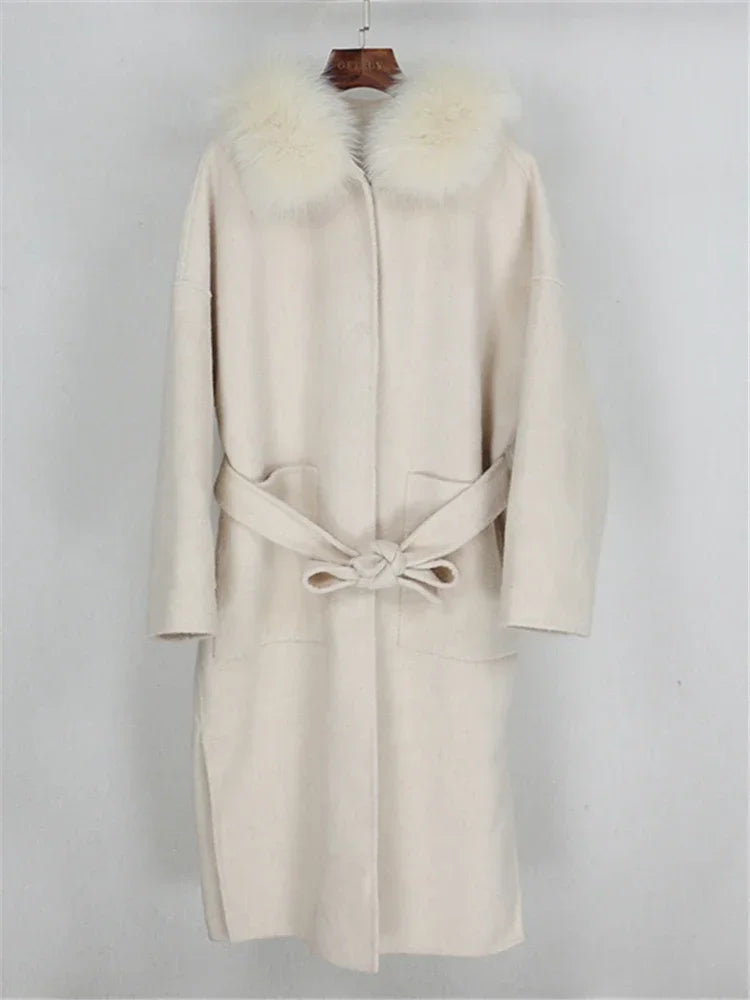 Real Fur Wool Outerwear Wool Blends Coat Natural Fox Fur Collar Hooded Cashmere Winter Jacket for Women Streetwear High Street