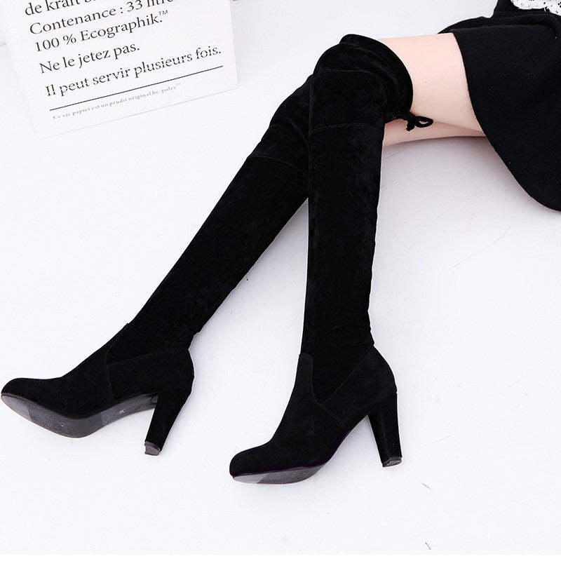 Brand Thigh High Botines Mujer Plush Fur Shoes Winter Stovepipe Stretch Over Knee Long Boots Women Lace-up Velvet Knight Bottes