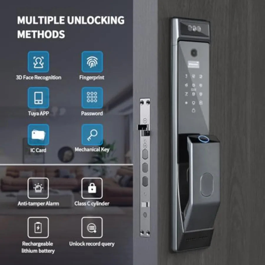 Smart Door Lock with Camera for Home Security: Aluminum Alloy, Black, 3D Face Recognition, Fingerprint Biometrics, Wi-Fi Remote