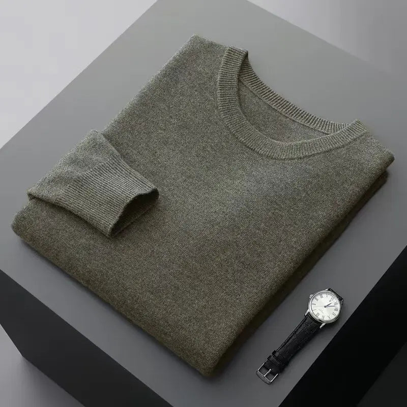 100% wool men's round neck solid color loose knit cashmere pullover for business and leisure, keeping warm in autumn and winter