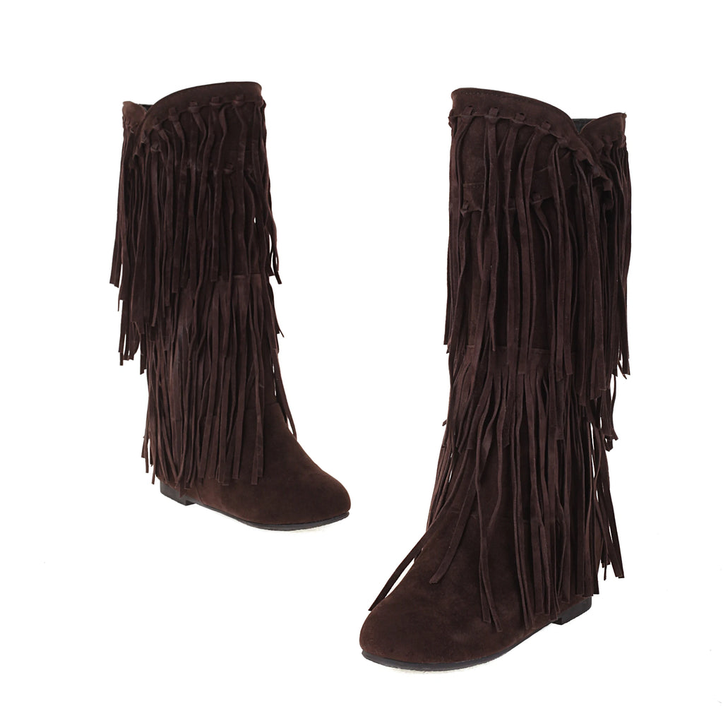 2025 New High Boots Women Bohemian Flock Tassle Mid-Calf Boots Wedge Booties Autumn Winter Ethnic Casual Shoes zapatos de mujer