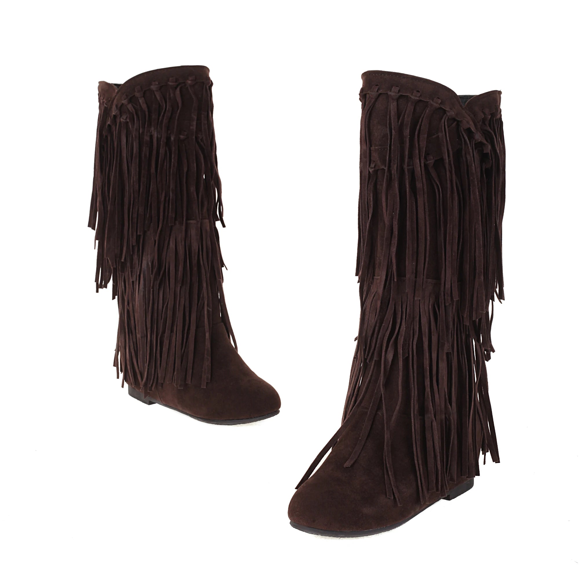 2025 New High Boots Women Bohemian Flock Tassle Mid-Calf Boots Wedge Booties Autumn Winter Ethnic Casual Shoes zapatos de mujer
