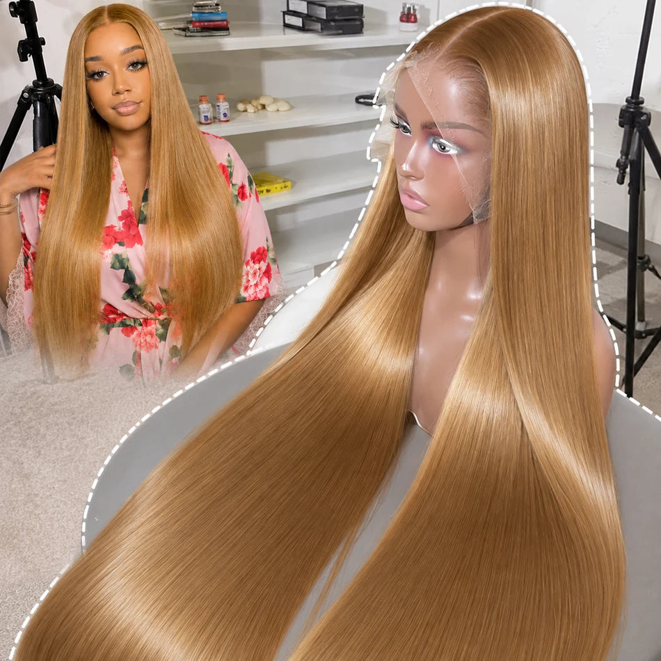 200 Density 27 Honey Blonde HD Lace Frontal Human Hair Wig 13x4 HD Transparent 30 Inch Straight Hair Lace Front Wig Pre-Plucked Pre-Trimmed Lace Frontal Wig