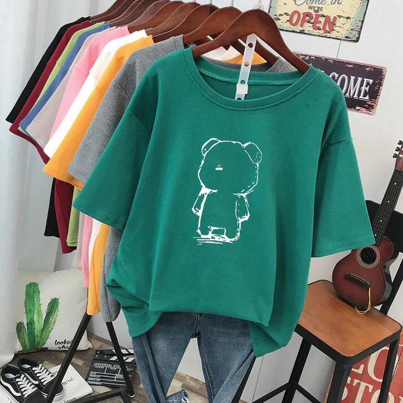 plus Size Women's Cotton T-Shirt Loose Fit Short Sleeve round Neck Print Design Comfortable Casual Style Korean Fashion
