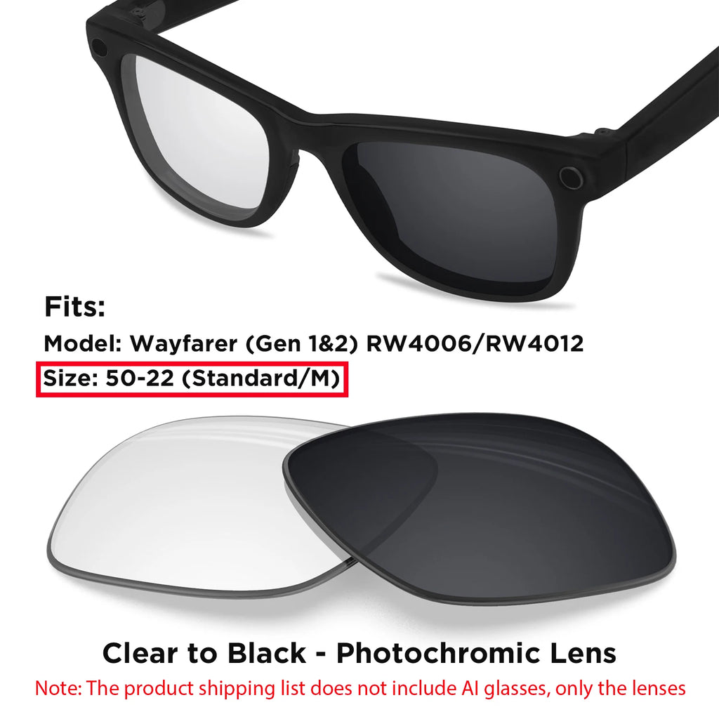 Photochromic & Polarized Replacement Lenses For Ray-Ban Meta Wayfarer RW4006 / RW4008 / RW4012 Gen1/2 AI Smart Glasses Lens