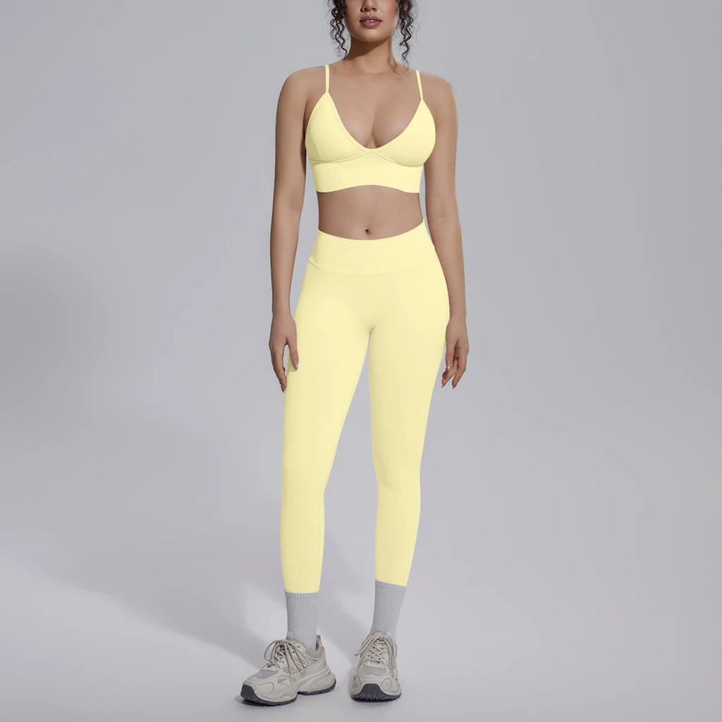 2PCS Woman Yoga Set Shockproof Workout Top Sexy Yoga Bra with Chest Pad High Stretch Seamless Fitness Pants Gym Yoga Set