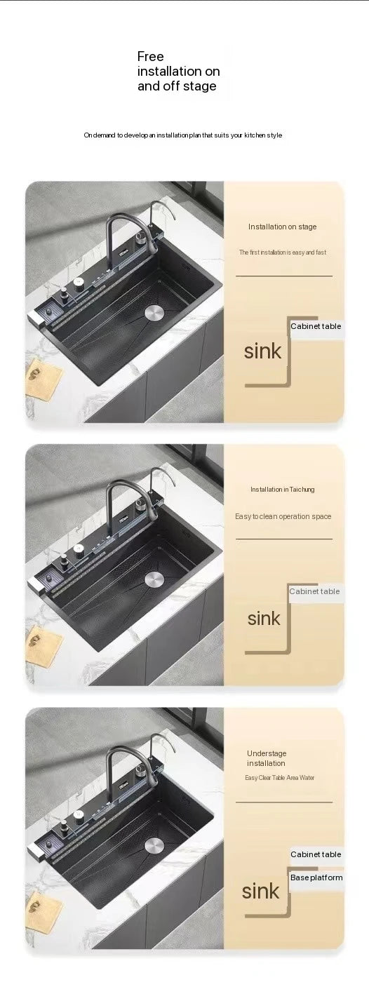 Stainless Steel Waterfall Kitchen Sink Digital Display Extra Large Single Bowl Multifunctional Household Vegetable Washing Sink