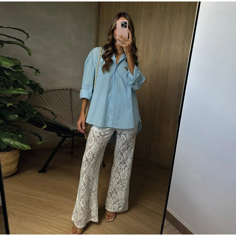 Sheer Floral Lace Tie Balloon Trousers High Waist 2026 Spring/Autumn Elegant Women Bottoms Fashion Chic Holiday Versatile Pants