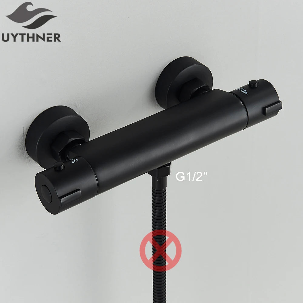 Thermostatic Shower Set Black/Chrome Brass Wall Mounted Bathroom Shower Thermostat Mixer Valve Handle Spray Bathroom Accessories
