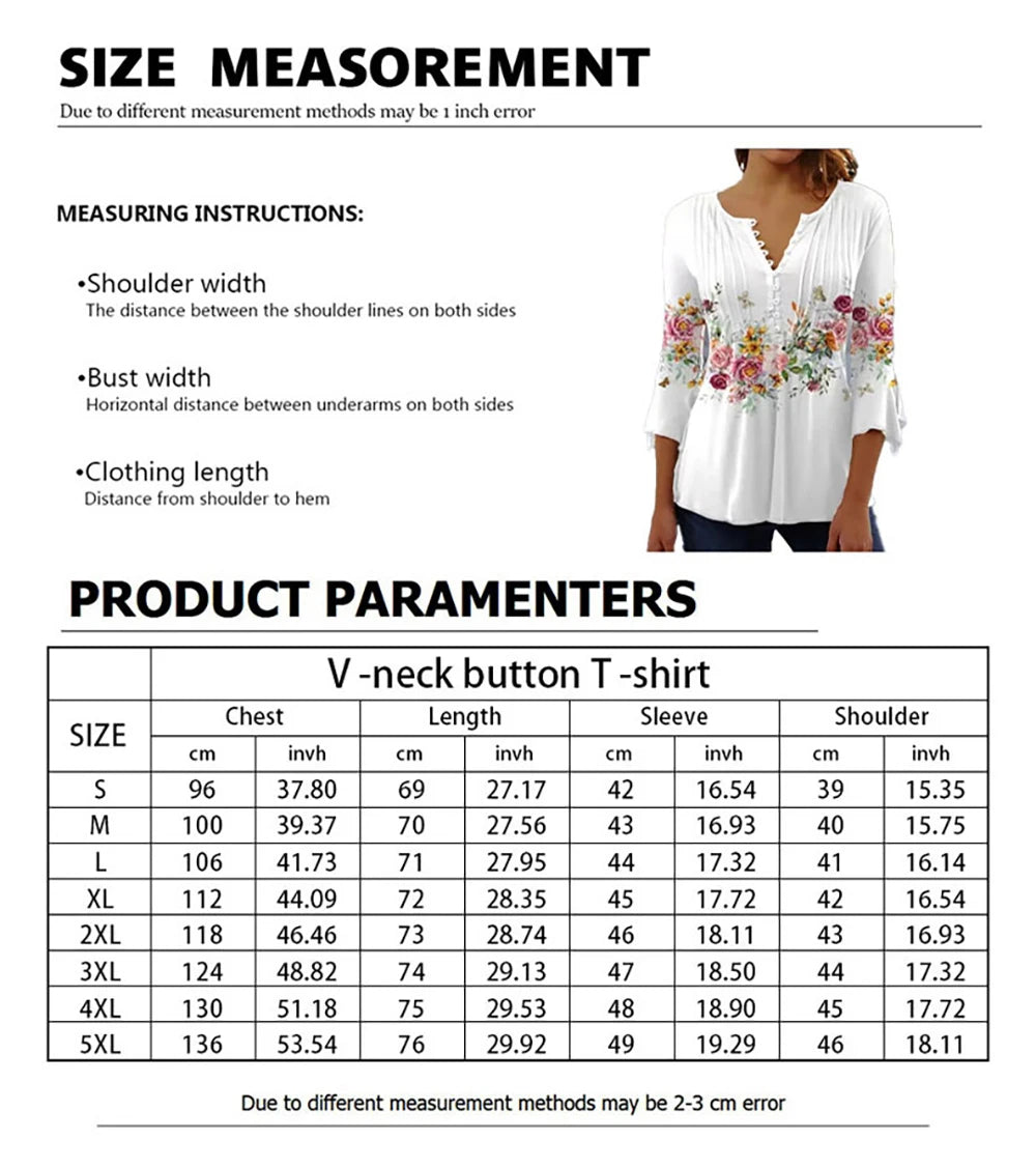 Women's V-Neck Short Sleeve Summer New Button T-Shirt Street Trend Flower Print Women's Loose Casual V-Neck Button T-Shirt