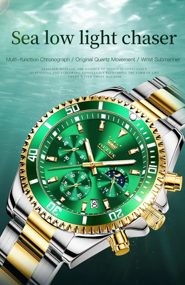 OLEVS 2870 Gold Men Watch Luxury Original Diving Series Men Watch Calendar Moon Phase Chronograph Sport Men Quartz Watch Gift