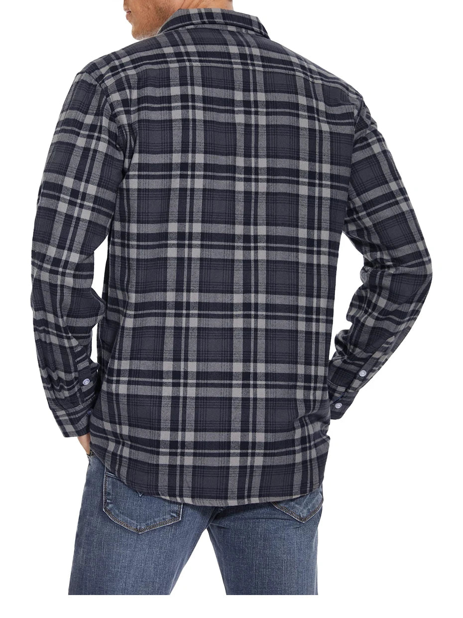 MAGCOMSEN Autumn Windproof Men's Flannel Shirt Warm Long Sleeve Casual Plaid Shirts with Two Chest Pockets