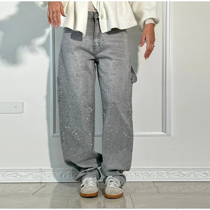 Rhinestone Wide Leg Lady Jeans Diamonds Denim Straigt High Waist Zipper Female Pants 2025 Fashion Pockets Street Lady Trouser