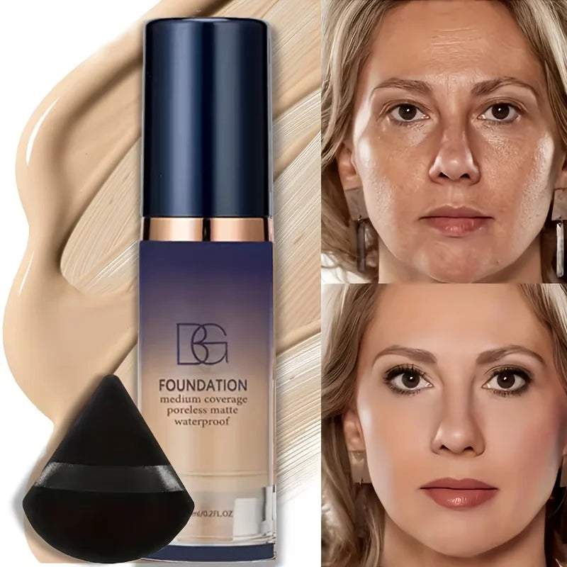 2pcs Face Makeup Set, Includes a Bottle of All in One Foundation and a Black Triangular Powder Puff