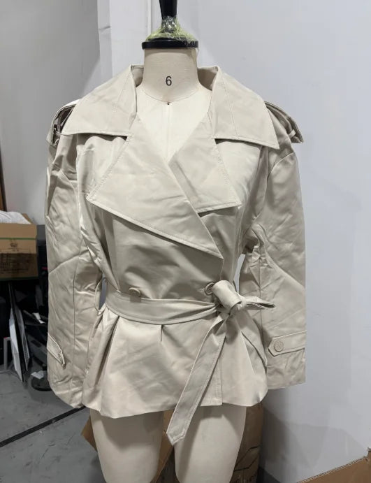 Women Green Oversized Belt Overcoat Elegant Long Sleeve Pleated Lapel Lace Up Windbreaker Autumn Lady Daily Street Outerwears