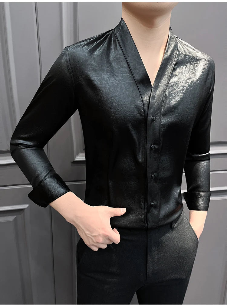 High-End Casual Shirts Men 2025 Spring British Style Slim Fit V-neck Shirt Long Sleeve Business Social Wear Men Clothing