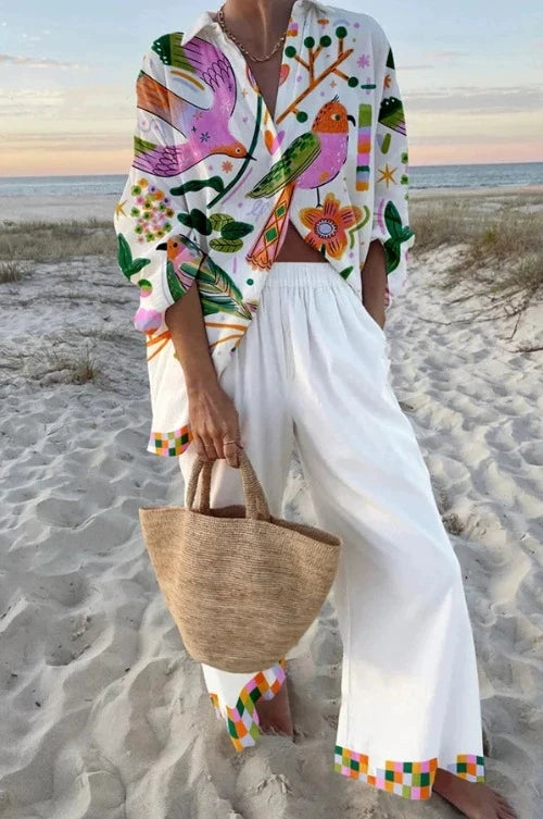 Women's Autumn Holiday Sets Outfits Fashion Print Long Sleeve Shirt Top+Wide Leg Pants 2 Pieces Set For Woman Boho Clothes New