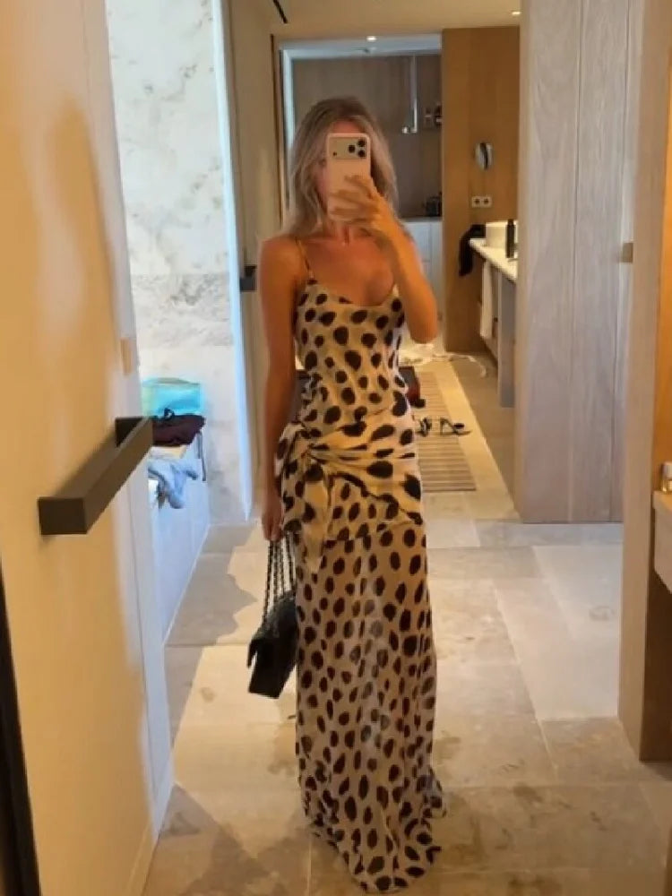 Elegant Animal Print Maxi Dress Detachable Scarf Spaghetti Strap Tie Waist Slim Fit Skirt Women Summer Party Vacation Outfit New