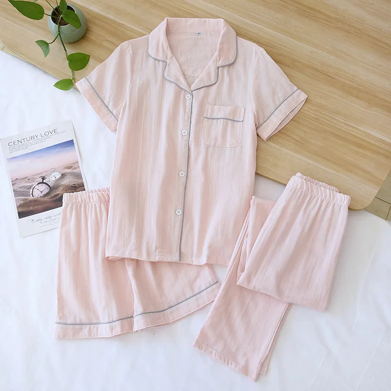 Three-piece Japanese-style pajamas women spring and summer autumn 100% cotton gauze short-sleeved shorts trousers summer suit ho