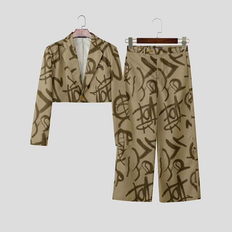 INCERUN Men Sets Printing Lapel Long Sleeve Crop Blazer & Pants Two Pieces Sets Streetwear Personality Fashion Men Casual Suits
