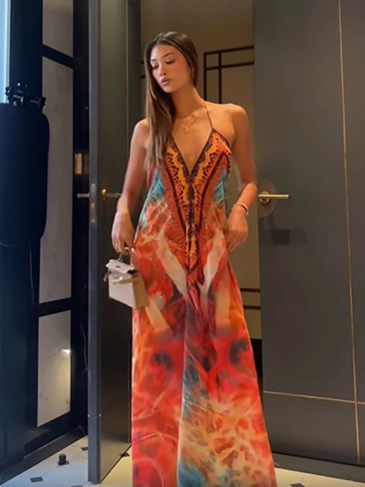 Bohemian Printed Halter Maxi Dress Women Sexy Backless Deep V-neck Sleeveless Off Shoulder Vestido Vacation Date Party Beachwear