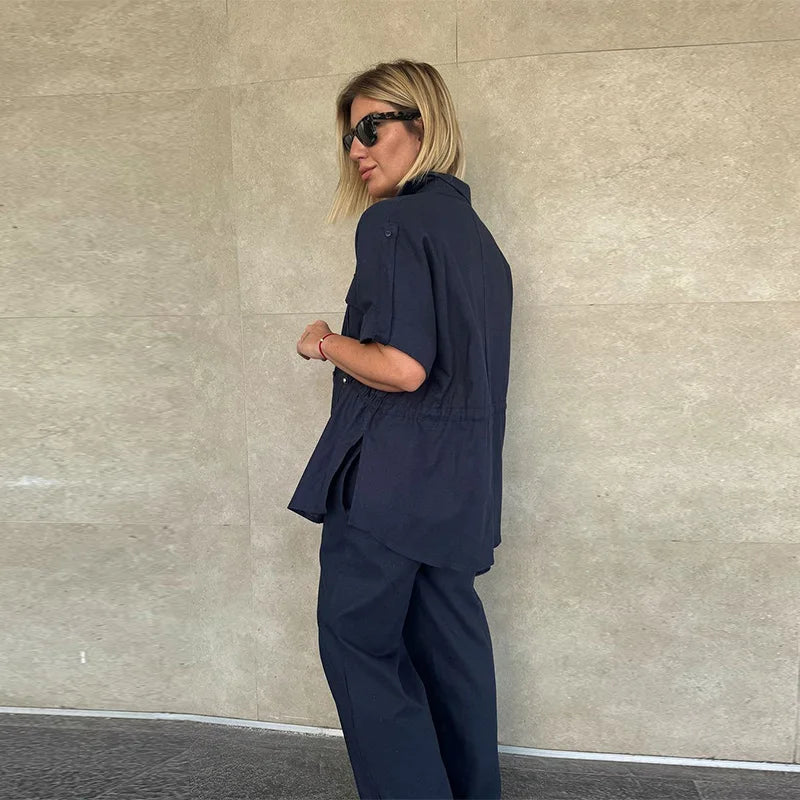 Casual Drawstring Shirt Pants Set Women Lapel Button Short Sleeve Pocket Loose Top Wide Leg Pants 2025 Chic Summer Women's Suit