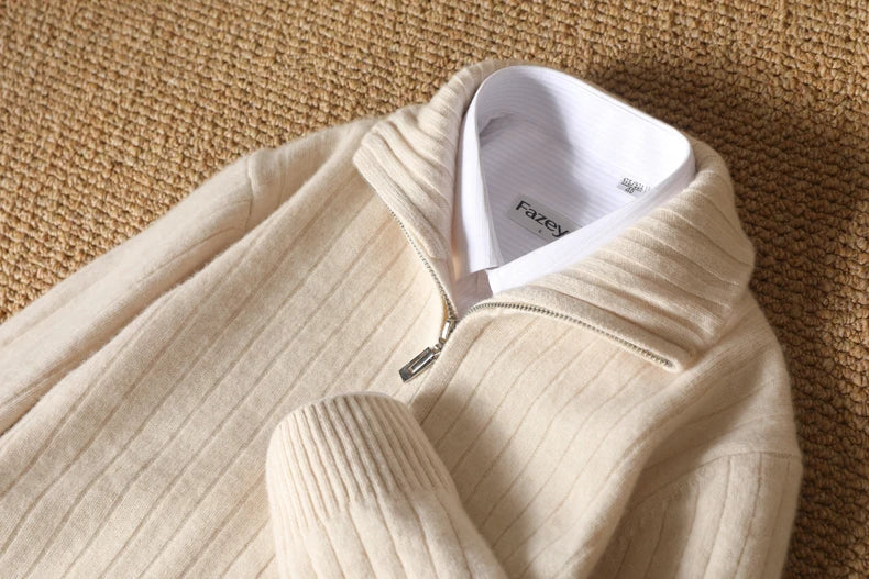 Men's Coat Winter Thickened New 100% Merino Wool Sweater Business Casual Zipper Lapel Cardigan Long Sleeved Warm Knit Jacket