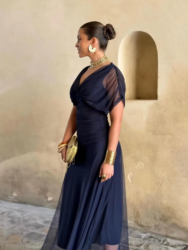 Women Solid Deep V-neck Mesh Long Dress Elegant Puff Short Sleeve Ruched Waist High Vestidos 2026 Summer Lady Casual Street Robe